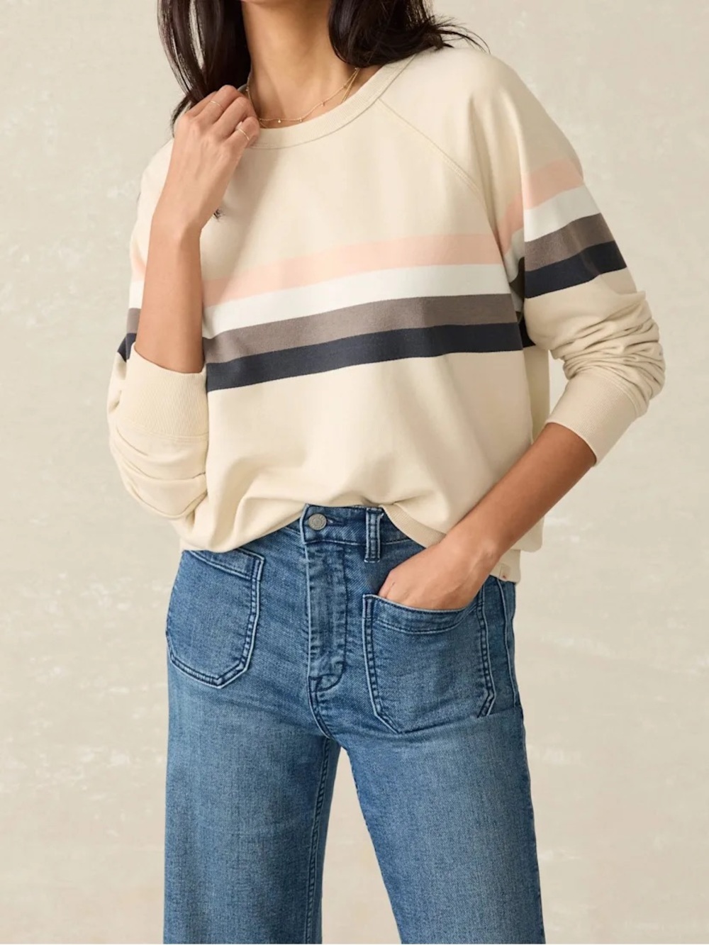 Faherty Cream Pullover Sweatshirt with Pink, White and Navy Stripes